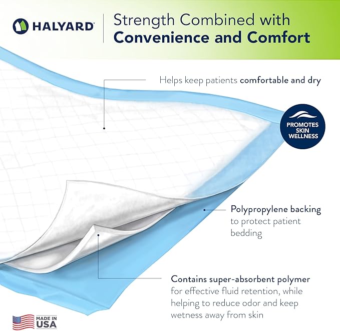 HALYARD Disposable Standard Underpads Incontinence Pads, 23”x36” Lt. Blue-Comfortable Chucks Pads, Disposable, for Adults-Soft Bed Pads for Elderly/Adult Patients, 48822 Pack of 50