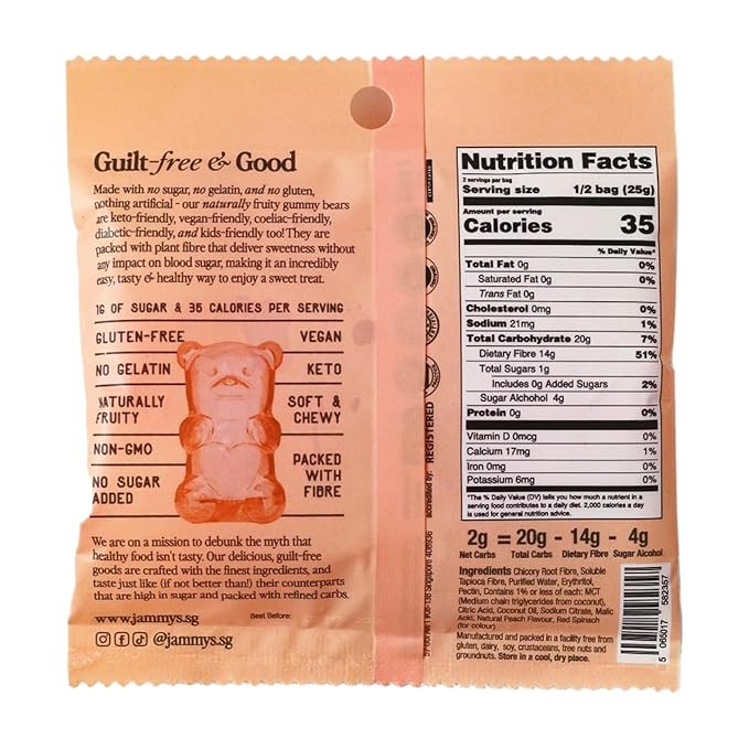 Jammy's™ - Peach Gummy Bears | Sugar-Free & Vegan-Friendly | Keto-Friendly, Gluten-Free, Low Carb, High Fibre & Naturally Fruity | Delicious, Soft & Chewy | Box of 6 x 50g Bags