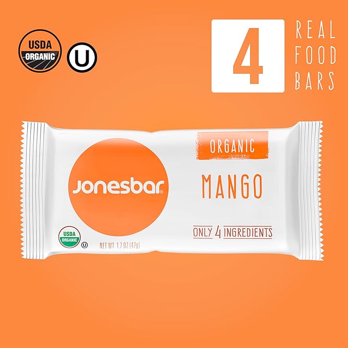 JONESBAR (Mango Almond, 4 Count (Pack of 1)), USDA Organic Fruit & Nut Bar, Non-GMO, Kosher, Vegan, Gluten Free, Simple Snack Bar