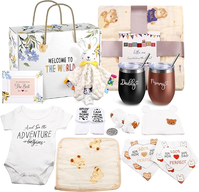 New Mom Gifts, 14pcs First Time Women Care Package after Baby, Pregnancy Gender Reveal Gifts with Mom and Dad Tumbler Set for Expecting Mommy, New Parents, Baby Shower