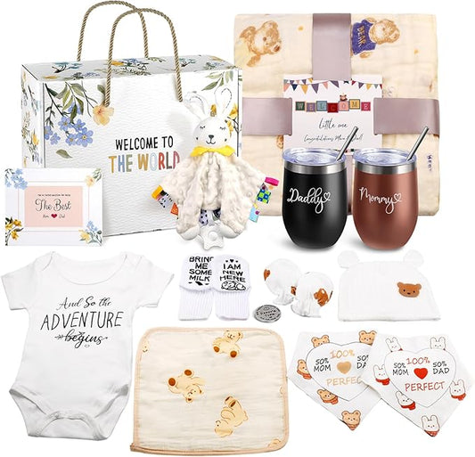 New Mom Gifts, 14pcs First Time Women Care Package after Baby, Pregnancy Gender Reveal Gifts with Mom and Dad Tumbler Set for Expecting Mommy, New Parents, Baby Shower