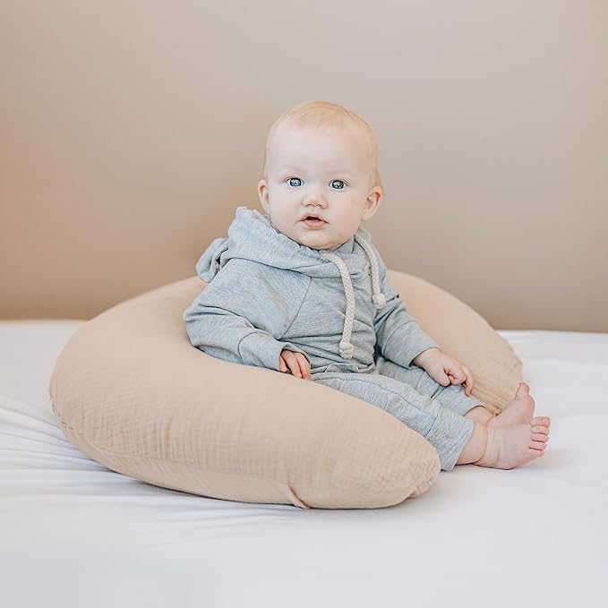 Konssy 2-Pack Muslin Nursing Pillow Covers, Soft & Adorable Nursing Covers for Breastfeeding Pillows, Slipcovers for Newborn Boys & Girls(Brown,Cream)