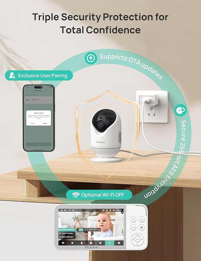 Dr.Care VistaView Smart WiFi Baby Monitor - 5” 1080P Split Screen & 2K Camera App Control, Cry & Motion Alerts, HD Night Vision, 5000mAh Battery, 2-Way Talk, Multi-User, Triple Security, 1279ft Range