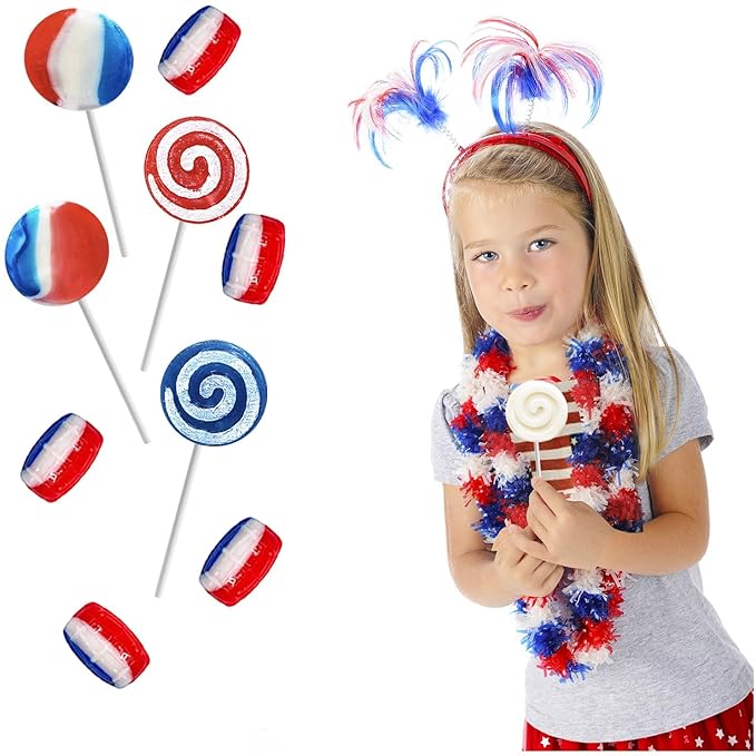 Fruidles Assorted USA Patriotic Lollipops & Barrels Mix, Red, White, and Blue Mixed Fruit Flavor, Made in Brazil, Individually Wrapped, 8g (30 Pounds (Bulk))