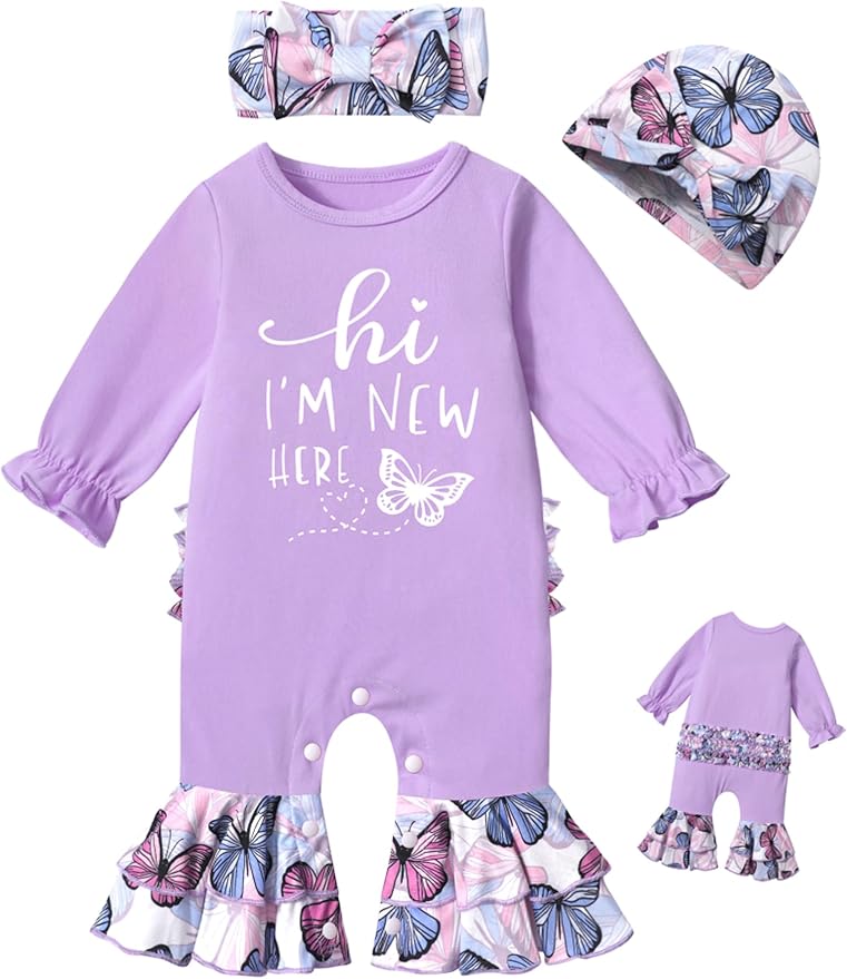 AGAPENG Newborn Girl Clothes Ruffle Letter Print Romper Infant Bell Bottom Jumpsuit Boho Baby Girl Clothes with Headband Hat