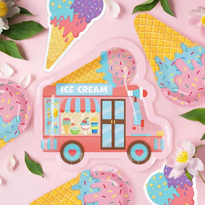 Ice Cream Party Supplies Kit for 24: Ultimate Bundle with Vibrant Paper Plates, Napkins, Cups, Tablecloth & Banner - Ice Cream Birthday Party Decorations