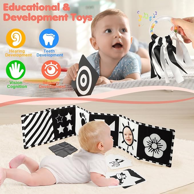 Baby Toys for 0-6 Months, High Contrast Black and White Sensory Toys for Newborn 0-6 M, Rattle Teether Tummy Time Audio Visual Stimulation Learning Activity for 0-12 Months, Baby Boy Girl Gifts 10 Pcs