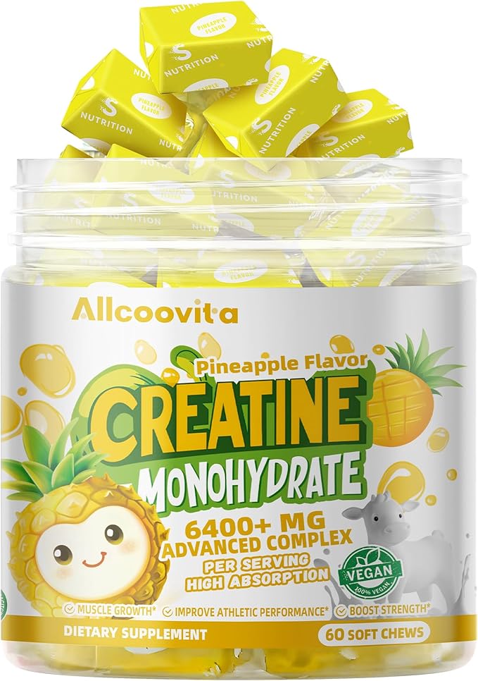 Creatine Monohydrate Chews Complex 6400mg for Men & Women -Advanced Formula W/L-Taurine + Vitamin B12, Sugar Free Chewable Supplement,60 Pineapple Softchews