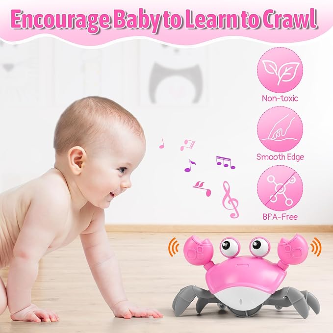 Crawling Crab Baby Girl Toy: Tummy Time Toys for Infant 3 6 9 12 18 24 36 Months, Pink Walking Dancing Sensing Crab for Toddler Age 1 2 3 4, 1st Music Birthday Gifts for Girls