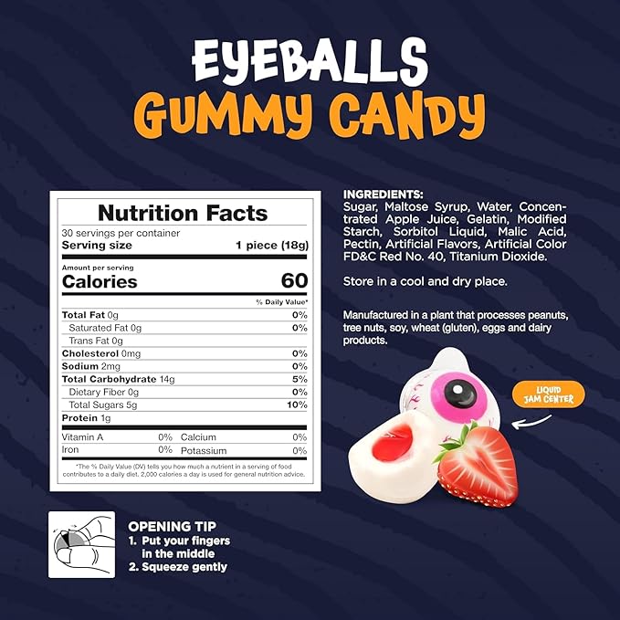 Eyeballs Gummy Candy - 19 Oz Jar (30 Count) - Strawberry Jelly Filled Gummies - Individually Wrapped Halloween Candy - Kids' Party Favors - Spooky Eyes Gummies by Funtasty