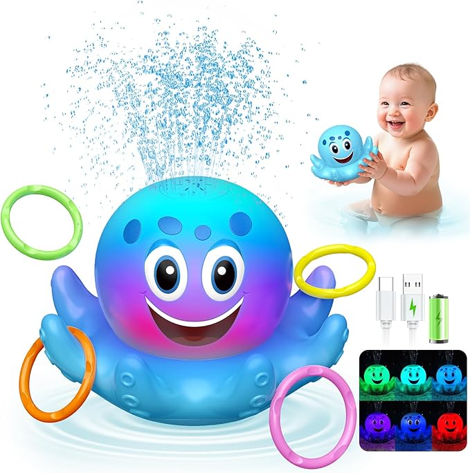 Octopus Bath Toys for Toddlers| Rechargeable Automatic Sprinkler Water Toys with LED Lights & 4 Toss Rings,150 Mins Battery Life,Baby Toys for 6-12 12-18 Months Gifts for Boys Girls 1-5 Years Old