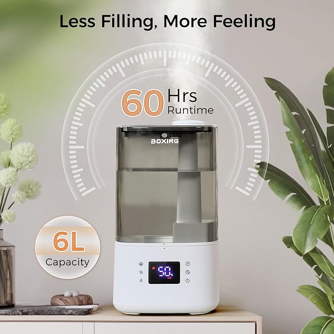 BOXING 6L Warm & Cool Mist Humidifiers for Bedroom, Air Humidfier for Large Room with Remote Control, Auto Mode Perfect for Baby & Plants, Top Fill, Sleep Mode, Timer, Essential Oil Tray, 60H