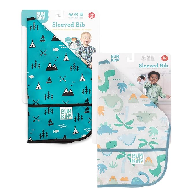 Bumkins - Sleeved Bib - For Boys & Girls, Babies & Toddlers 6-24 Months - Lightweight, Durable, Waterproof -Long Sleeve Bib -Catch-All Pocket -Wipeable & Machine Washable -Dinosaurs & Outdoors -2 Pack