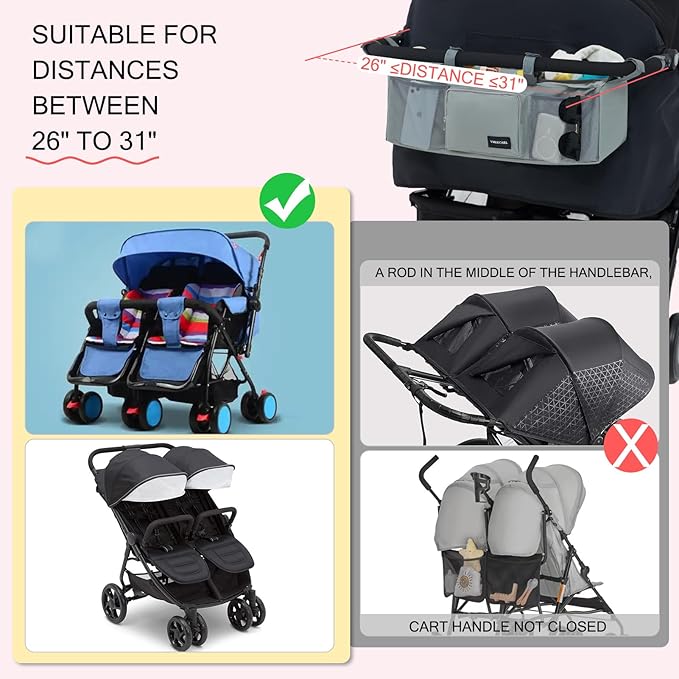 Double Stroller Organizer with 2 Insulated Cup Holders for Bob Duallie Baby Jogger City Mini GT2 Baby Stroller Accessories with Cooler Bottle Bag Parent Console Jogging Stroller Organizer