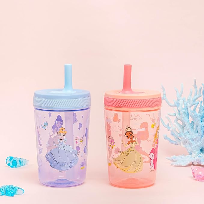 Zak Designs Disney Princess Kelso Toddler Cups For Travel or Home, 15oz 2-Pack Plastic Sippy Cups, Leak-Proof For Kids (Ariel, Aurora, Belle, Cinderella, Jasmine, Mulan, Rapunzel, Tiana)
