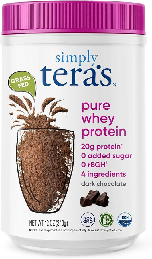 Simply tera's Pure Whey Protein Powder - Dark Chocolate Clean Protein Powder, Grass Fed Whey Protein Powder Without Artificial Sweeteners, Clean Label, Non-GMO, Kosher, rBGH-Free - 12 Oz