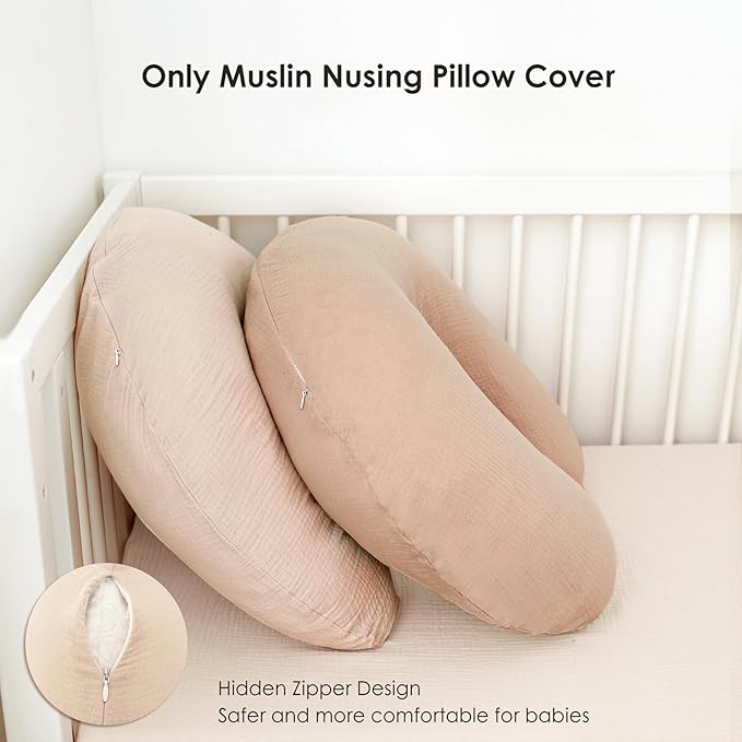 2-Pack Muslin Nursing Pillow Covers, Breathable 100% Cotton Breastfeeding Pillow Slipcovers for Standard Nursing Pillows, Soft Covers for Baby Girls and Boys with Zipper