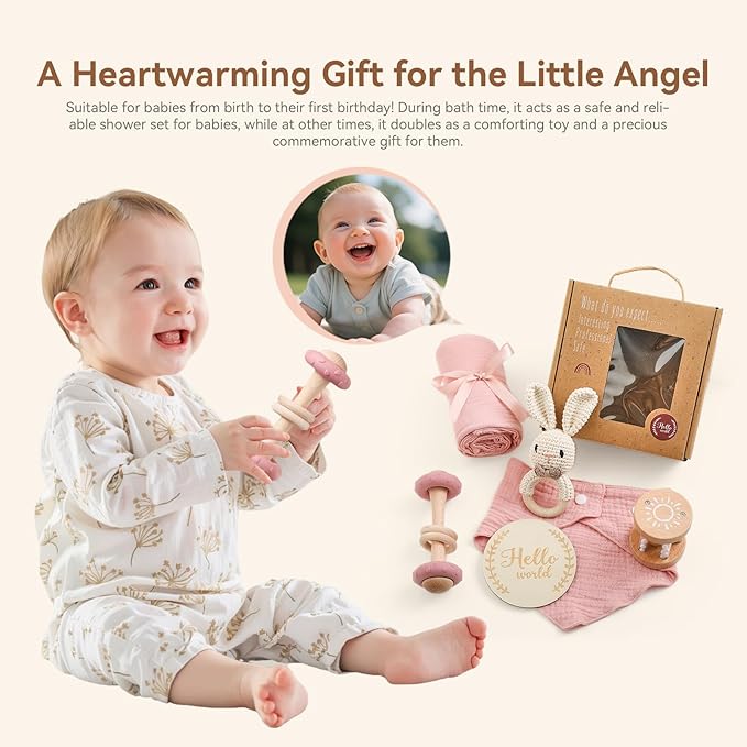 WOODEN TEETHER 6 pcs Baby Gift Set for Newborn Pink Baby Shower Gifts for Girls Baby Girl Gift Basket - Adorable & Safe Newborn Essentials