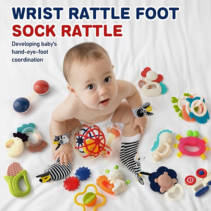 Baby Rattles 0-6 Months,Infant Sensory Teething Toys Set for 3-6 Months with Wrist Socks,Learning Developmental Toys,Perfect Baby Gift for 6-12 Months Newborn Boys Girls (Blackwhite Rattle Set)