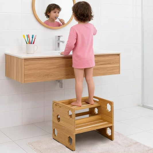 Step Stool for Toddlers Wooden, Flip Design with - Height - Adjustable Non-Slip 2-Step Stool for Kids, Non-Slip Stepping Stool for Bathroom Sink, Toilet Potty Training, Bedroom, Kitchen