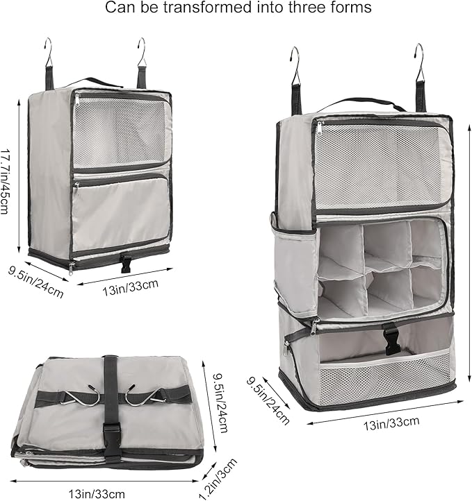 TABITORA Travel Portable Hanging Shelves Closet Organizer Packing Luggage Storage with Multifunctional and Foldable Invisible Compartment,Lightweight, for Suitcase, RV,Closet…lightgrey,XL