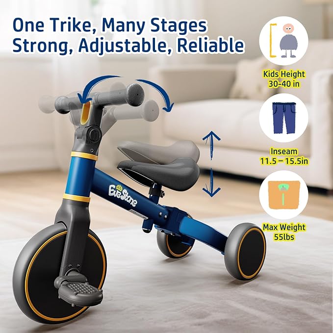 5-in-1 Kids Balance Bike, Toddler Tricycle for 1-3, Ride-On Toy for 18 Months to 4 Years, Outdoor and Indoor Gift Bike for Yard, Sidewalk, Park, Birthday Present for Boys & Girls, Blue