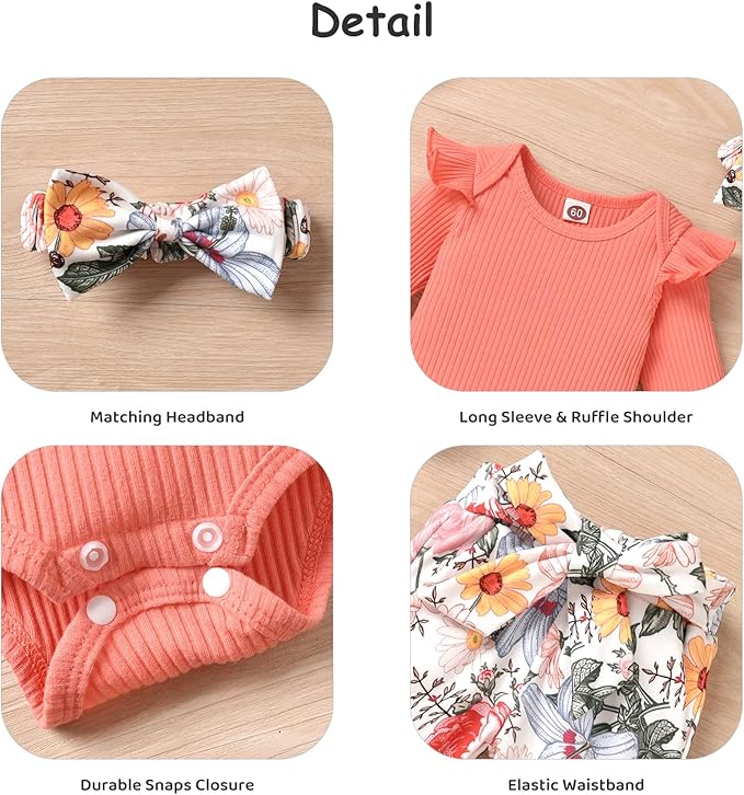 Aalizzwell Preemie Newborn Infant Baby Girls Clothes Ribbed Romper Bodysuit Pants Set Fall Winter Outfits