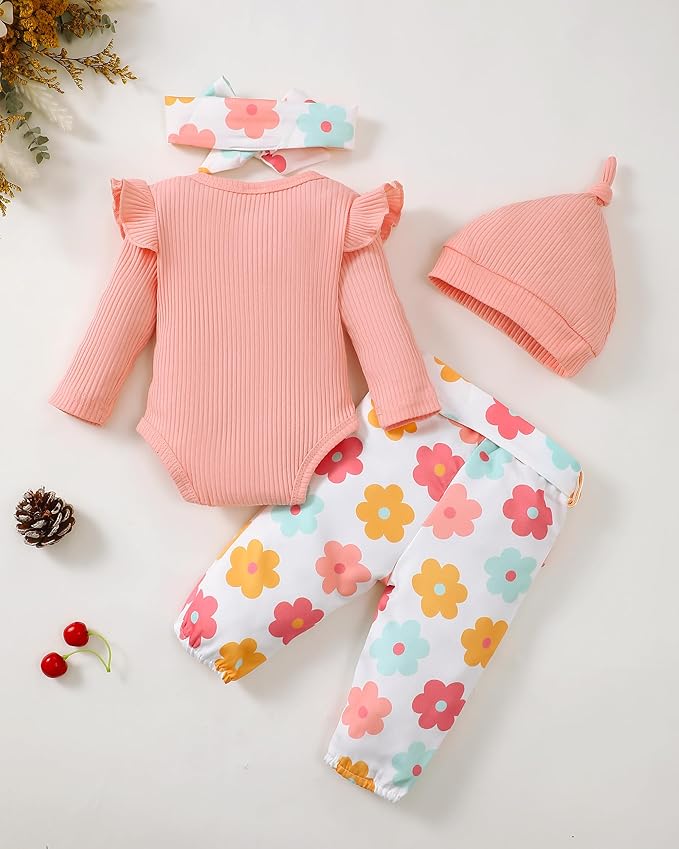 Renotemy Newborn Baby Girl Clothes Outfits Infant Romper Ruffle Floral Pants Cute Toddler Baby Girl Clothes Set