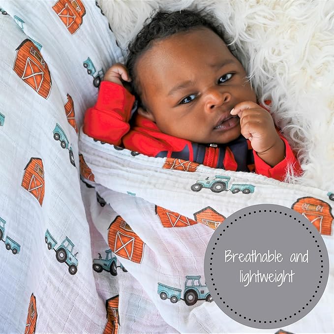 LollyBanks Swaddle Blanket, 100% Cotton Muslin Swaddle Blankets for Boys and Girls, Large 47 x 47 Inches Newborn Swaddles, Soft and Breathable Baby Blanket, Baby Essentials, Registry (Barn Print)