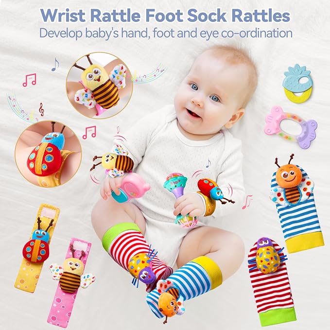 15PCS Rattles for Babies 0-6 Months - BPA-Free Baby Rattles 0-3, 6-12 Months for Newborn Soft Teething Toys Infant Toys with Wrist & Ankle Rattles, Baby Gift Set with Box for Hand-Eye Coordination