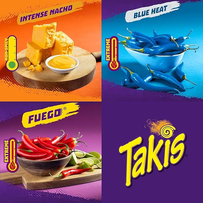 Takis 40 pc / 1oz Hero Variety Pack - Fuego, Blue Heat & Intense Nacho Flavored Rolled Tortilla Chips - (20) Fuego, (10) Blue Heat, (10) Intense Nacho - Perfect for Tailgates or Parties