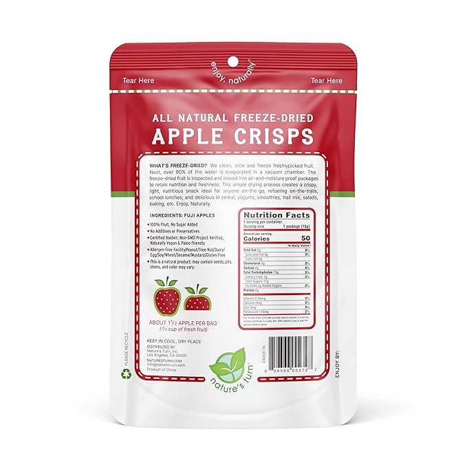 Nature’s Turn Freeze-Dried Apple Crisps – Healthy, Gluten-Free, Crispy & Delicious, Plant-Based Snack, Ideal for Cereal, Smoothies, School Lunches, & On-the-Go, Pack of 6 (0.53 oz Each)