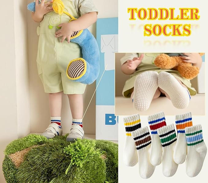 Toddler Grip Socks with Non-Slip, Unisex Baby Retro Stripe Seamless Crew Ankle Cotton Socks for Girls Boys 6 Pairs