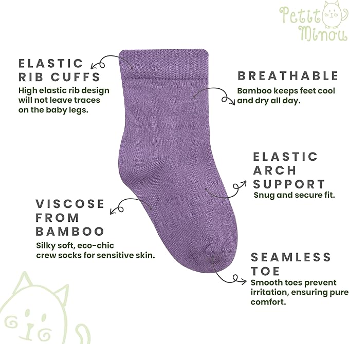 Luna Seamless-Toe Viscose from Bamboo Crew Socks - Soft Eco-Friendly 6-Pack Baby & Toddler Socks