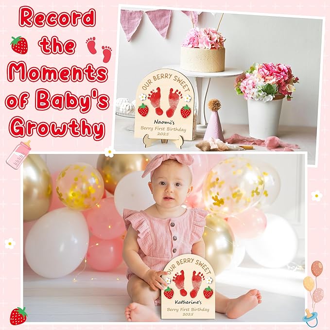 R HORSE Baby's 3D Berry First Birthday Footprint or Handprint Art Sign, Our Berry Sweet DIY Wooden Hanging Decoration, Newborn Keepsake Craft Gift for Unisex Baby First Birthday Baby Shower Photo Prop