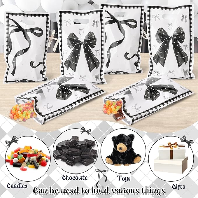 Black Bow Party Favor Bags - 50Pcs Coquette Girls Goody Candy Treat Gifts Bags, Trendy Preppy Black Bow Knot Theme Party Decorations for Women Girls Birthday Wedding Bridal Shower Bachelorette
