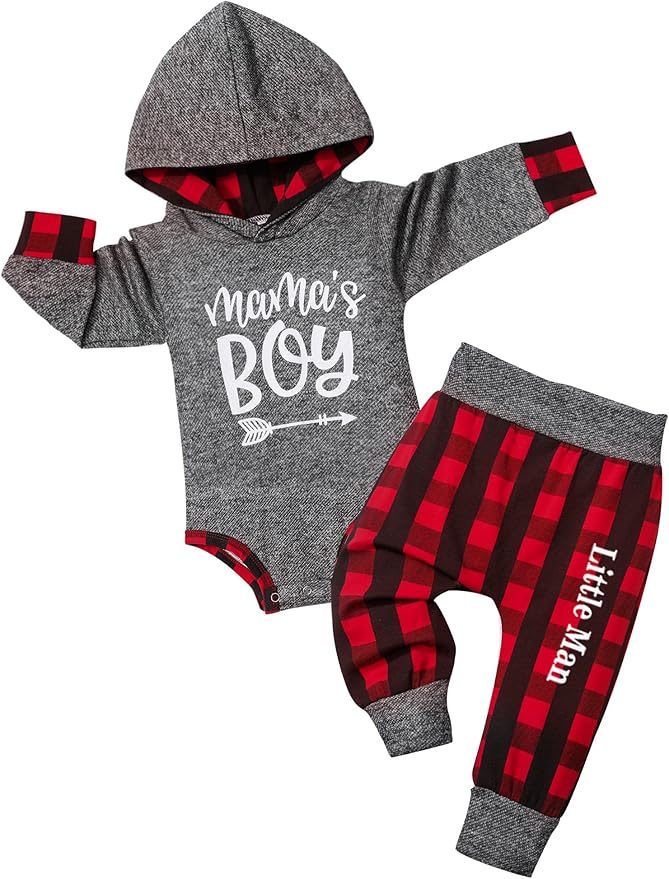 Fommy Newborn Baby Boy Clothes Plaid Letter Print Long Sleeve Hoodies + Long Pants 2PCS Fall Winter Outfits Set