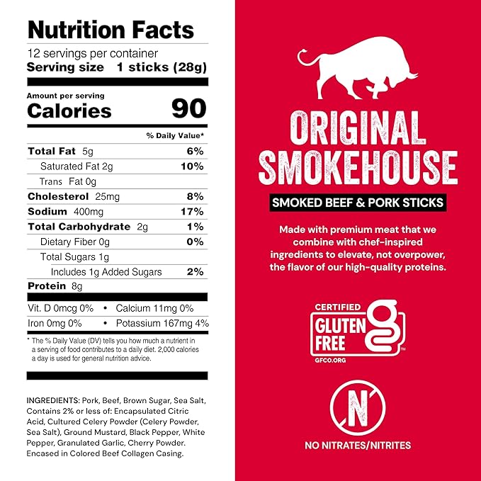 Chef's Cut Smoked Beef and Pork Jerky Meat Sticks, Original Smokehouse (1 Ounce Stick, Pack of 12) - High Protein, 8g Protein, 90 Calories, Gluten-Free, Individually Wrapped, Keto Friendly Snack, Low Carb Snack