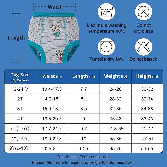 BIG ELEPHANT 10-Pack Baby Potty Training Underwear, Soft 100% Cotton Absorbent Training Pants for Boys & Girls, Ages 12M-10Y