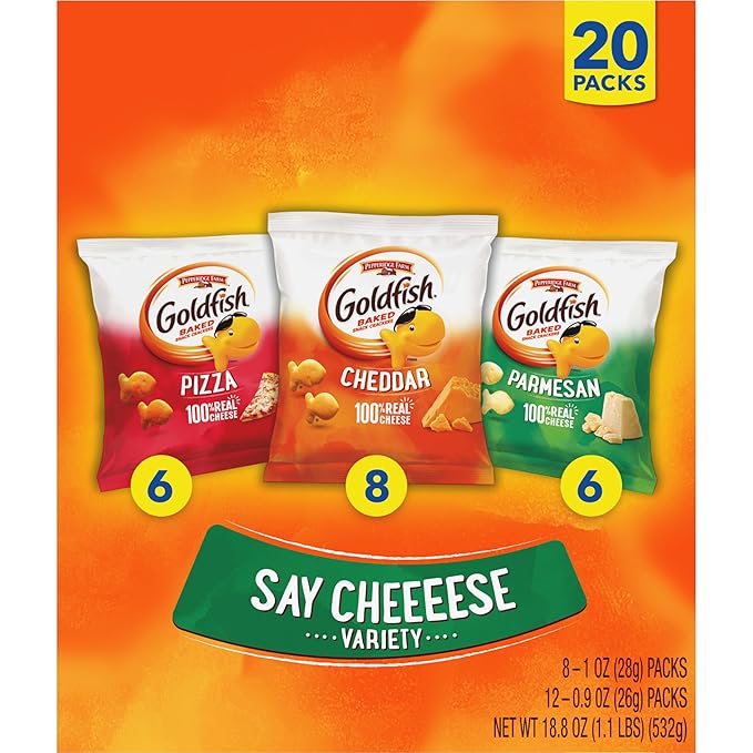 Goldfish Crackers Say Cheeeese Variety Pack with Cheddar, Pizza and Parmesan, Snack Packs, 20 Ct (Pack of 2)