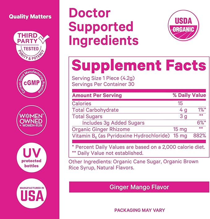 Pink Stork Organic Mango Sweets with Vitamin B6 for Morning Sickness and Motion Sickness, Added Ginger & Vitamin B6, 1st Trimester Pregnancy Must Haves - 30 Wrapped Candies