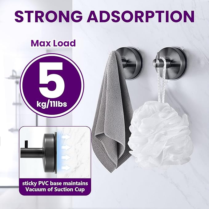 JOMOLA Suction Cup Shower Hooks for Hanging Towel Suction Hook for Inside Shower Stainless Steel Coat Hooks Wall Mounted Kitchen Utensil Stainless Steel, Brushed Black, 2PCS