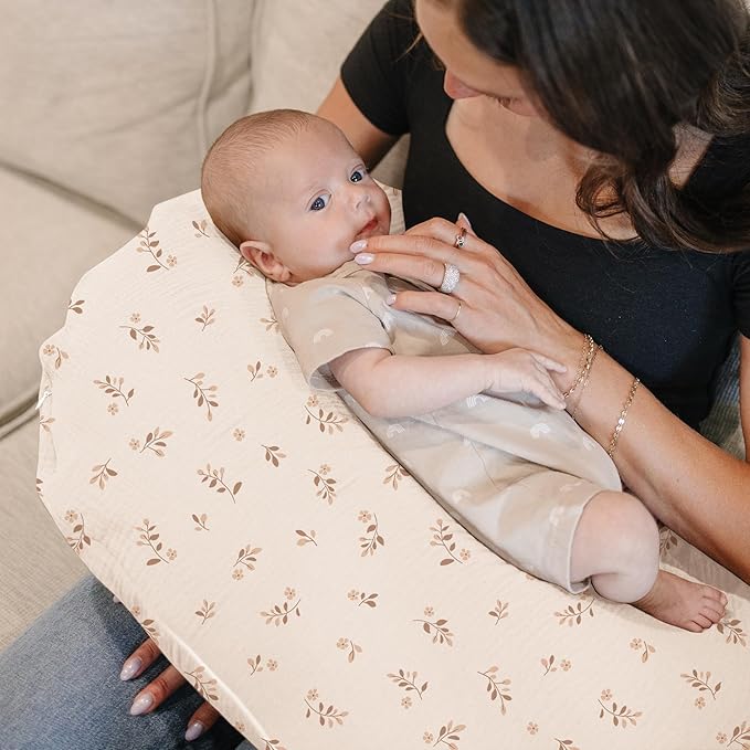 Konssy Muslin Nursing Pillow Covers, Soft and Cute Nursing Covers for Breastfeeding Pillows, Ideal for Newborn Baby Boys and Girls (Brown Leaf, Pink Sun) - 2 Pack