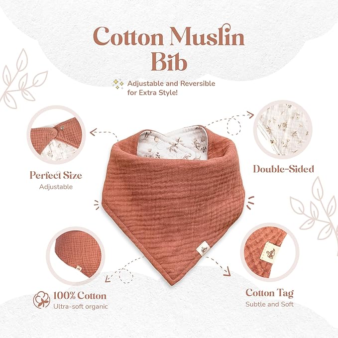 Mikito Organic Cotton Newborn Gifts Box, Unisex Loveys & Accessories incl. Muslin Baby Comforter + Baby Bandana Bib + Wooden Teether + Birth Announcement Sign