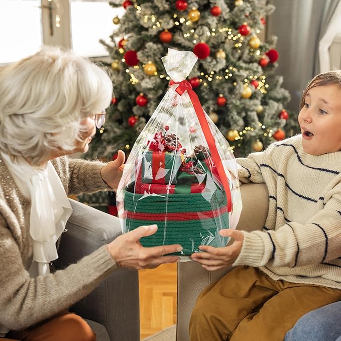 OIAHOMY Christmas Basket with Gift Bags and Ribbons, Woven Storage Basket for Decorations, Nursery, Pets - Green