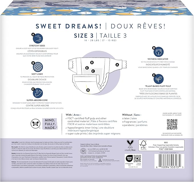 The Honest Company Clean Conscious Overnight Diapers for Sensitive Skin | Hypoallergenic, Fragrance Free | Cozy Cloud + Star Signs | Club Box, Size 3 (16-28 lbs), 52 Count