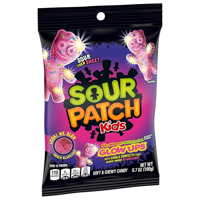 SOUR PATCH KIDS Glow Ups Strawberry-Watermelon Soft & Chewy Candy, Bulk Candy, 12-6.7 oz Bags
