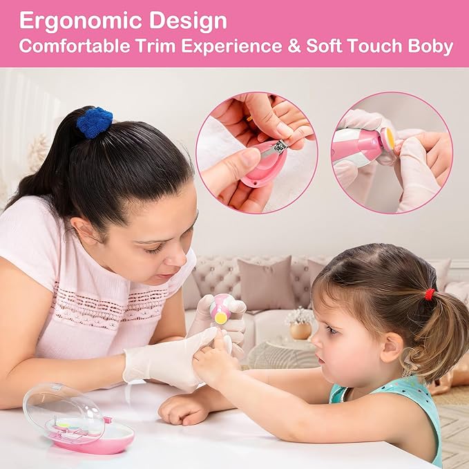 OTTOLIVES Baby Nail Trimmer Electric Newborn Toddler, Safe Baby Nail Clippers Set with Light and 6 Replacement Heads, Baby Nail File Trim Polish Toes Fingernails Care Infant Essentials (Pink)
