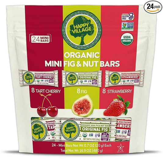 Happy Village Organic Mini Fig & Nut Bars, VARIETY (24 Packs, 0.7 OZ each), No Refined Sugar, Kosher, Non-GMO, Gluten Free, Vegan, Good Source of Fiber Snack Bars (8 Tart Cherry, 8 Fig, 8 Strawberry)