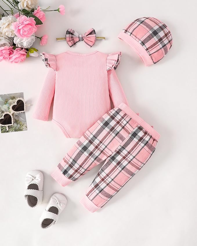 SUNNY PIGGY Baby Girl Clothes Newborn Outfits Infant Ruffle Romper 0-18M Fall Winter Flower Plaid Pants Clothing Set